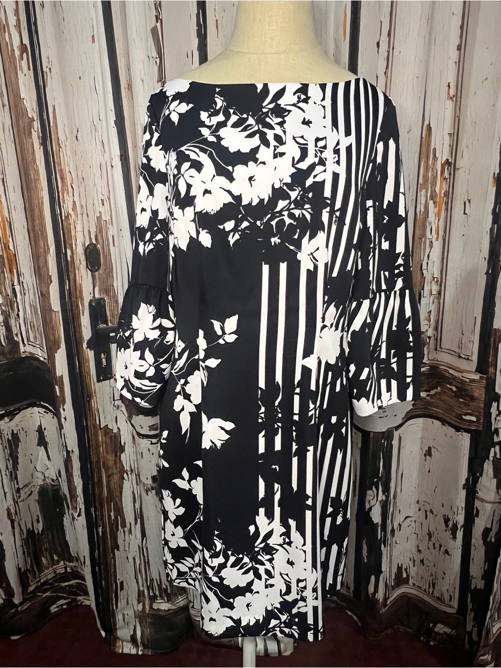 Black Halo Black & White Floral-Stripe Midi Dress